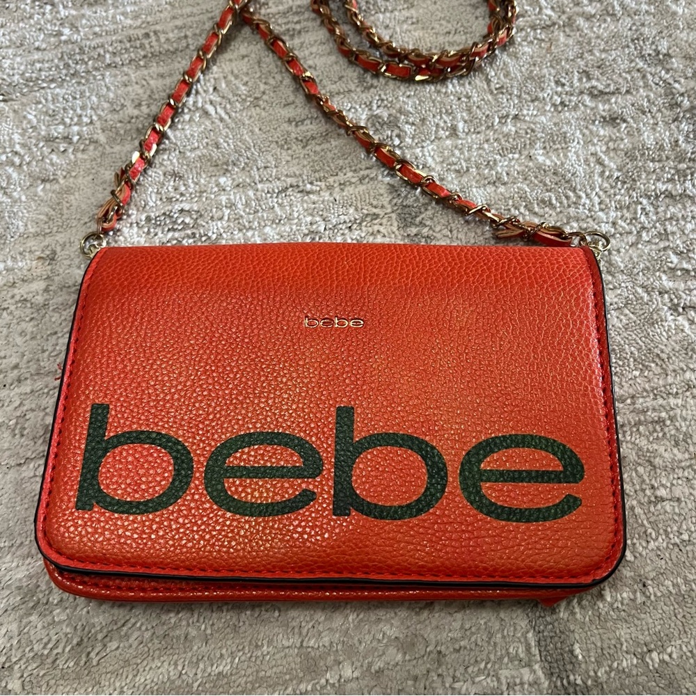 Bebe Red Orange Gold Chain Crossbody Flap Bag Women’s Purse - Picture 4 of 6